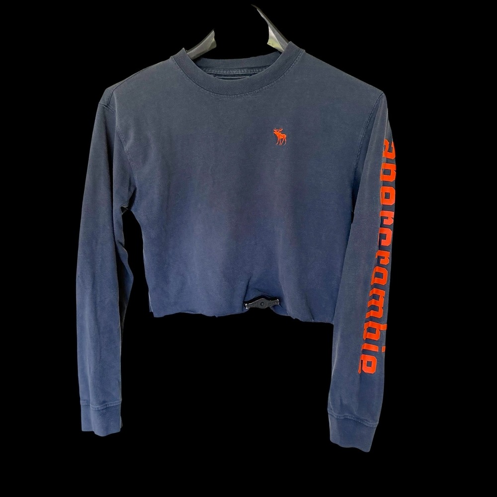 90's Abercrombie Navy Blue Orange Logo Long Sleeve Cropped T-Shirt Raw Hem S